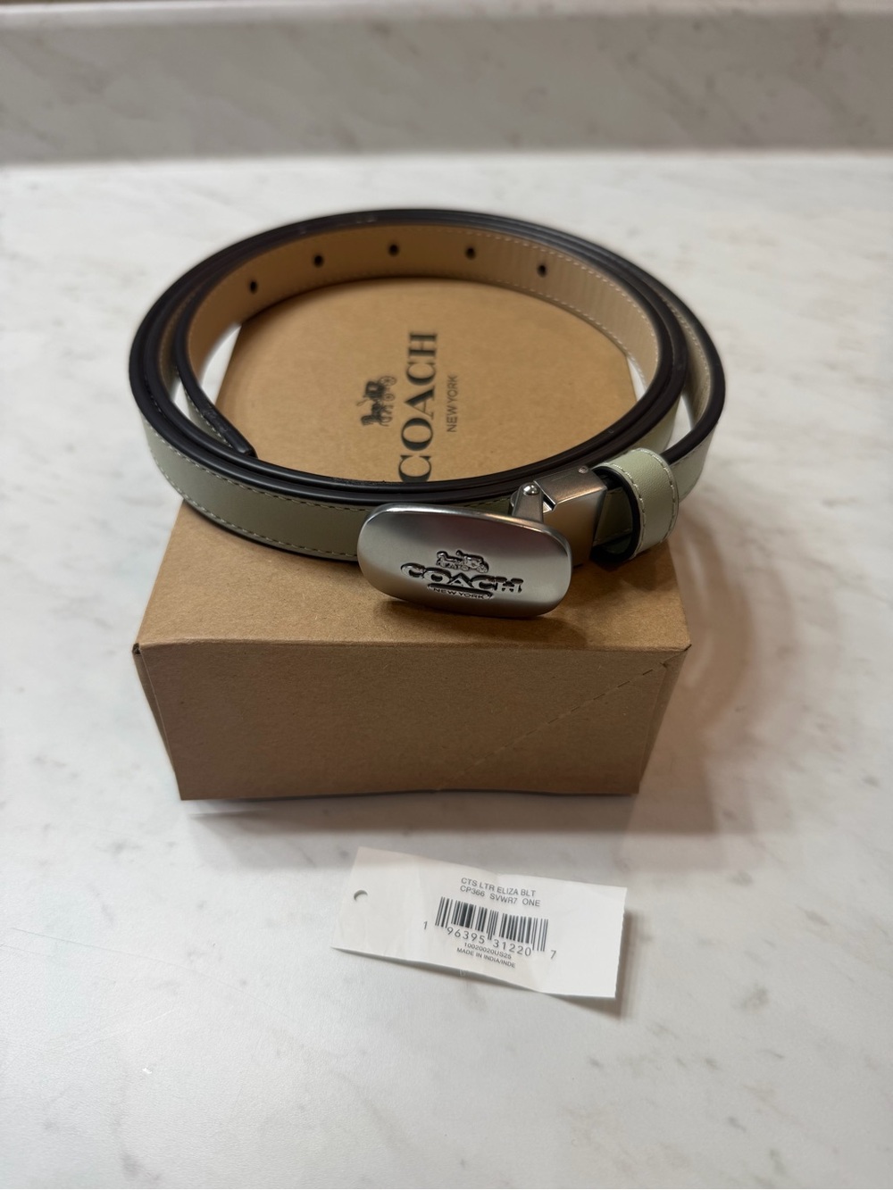 Coach Eliza Reversible Leather Belt Sage Green Tan Silver Buckle CP306 NEW